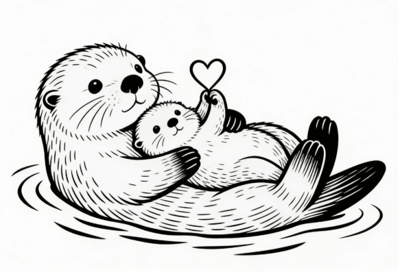 Adorable Cute Otter Mom and Baby Heart