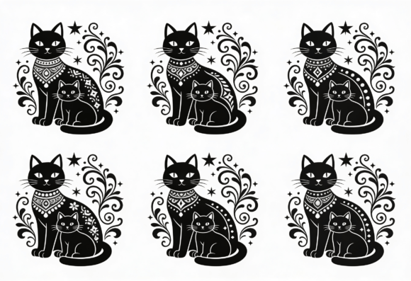 Charming Black Cat Mom and Kitten Silhouette