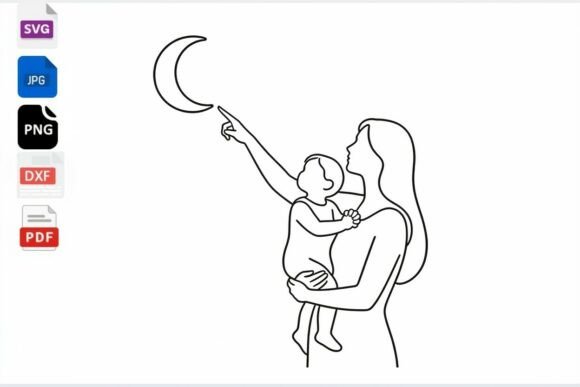 Mom and Baby Reaching for Moon Line Art