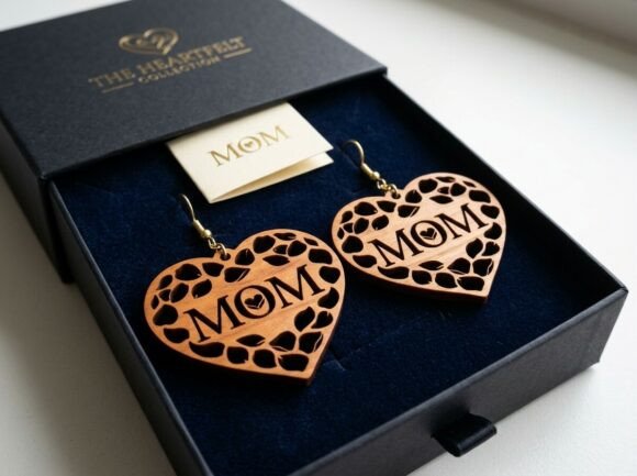Mom Leaf Heart Laser Cut Earring Design