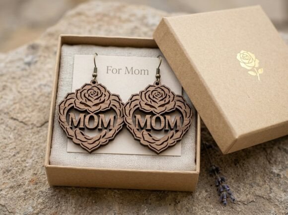 Mom Rose Wreath Laser Cut Earring Design