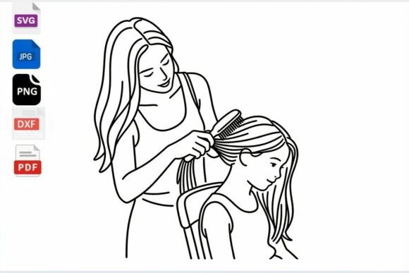 Review: Mom Brushing Daughter's Hair Line Art
